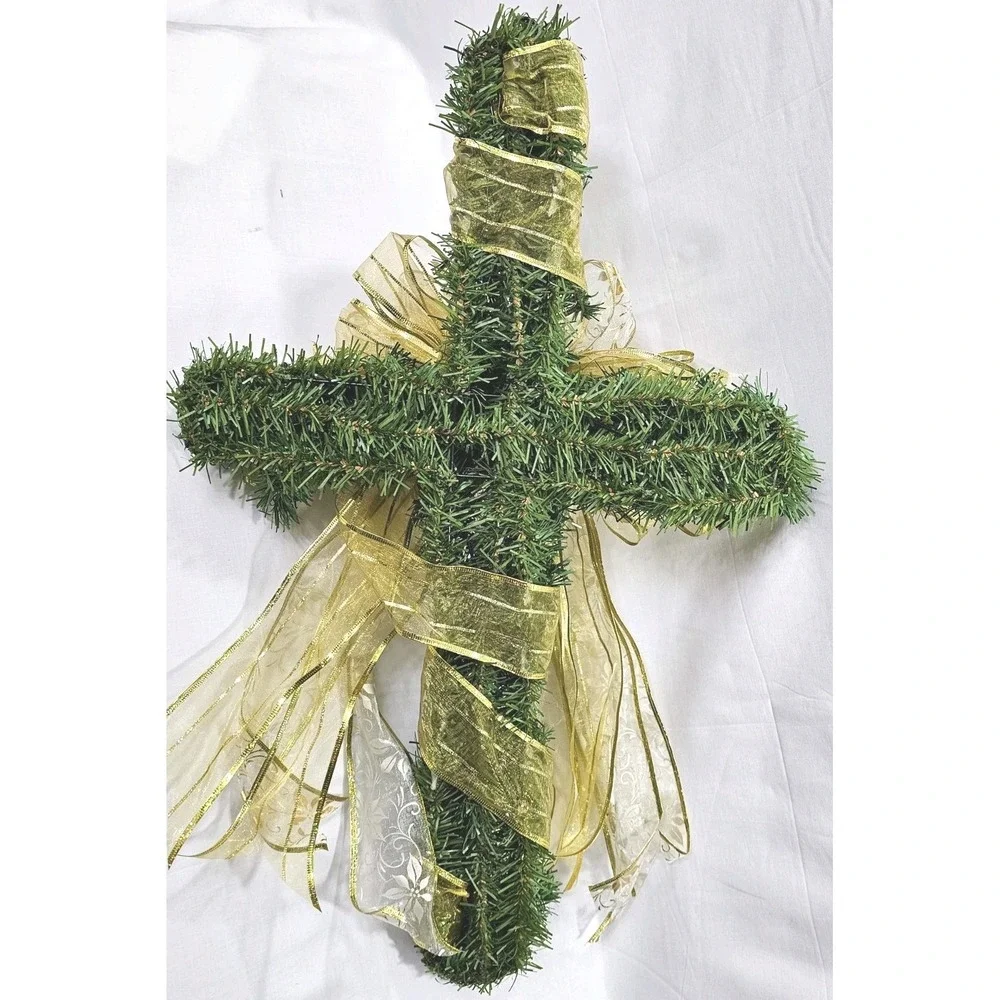 Gold Ribbon Bow Cross Wreath Christmas Grave Cemetery Funeral
